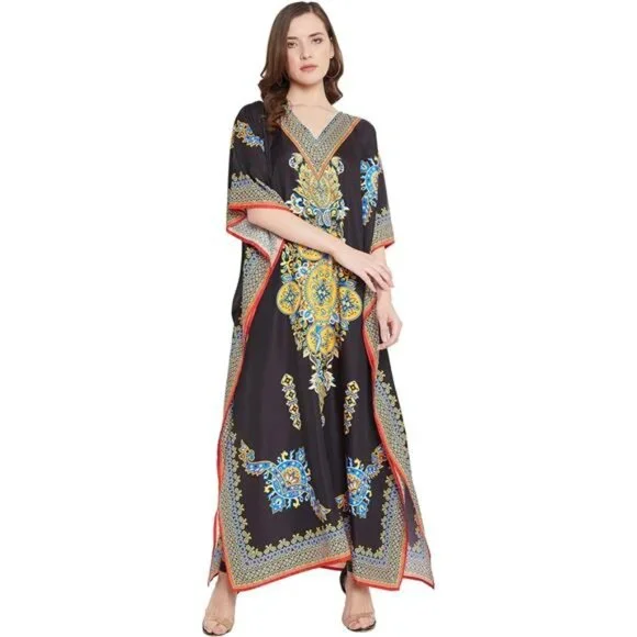 open lace back dress Tinawusi Kaftan dresses for women,caftans for women plus size,imitate silk  caftanSummer, beach, home, partyOne size fits US,M-4XL(Gold rim on black)  at Amazon Women's Clothing store